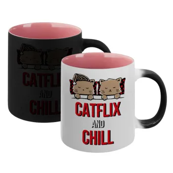 Catflix and Chill, Κούπα Μαγική εσωτερικό ΡΟΖ, κεραμική 330ml που αλλάζει χρώμα με το ζεστό ρόφημα