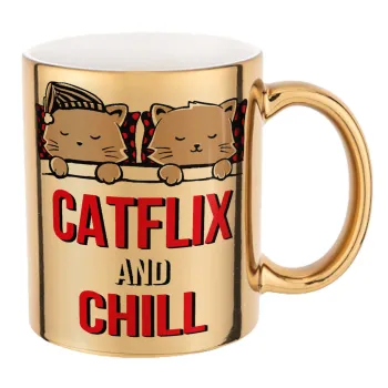 Catflix and Chill, Mug ceramic, gold mirror, 330ml