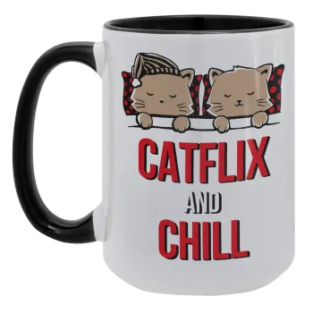Catflix and Chill, Κούπα Mega 15oz, κεραμική Μαύρη, 450ml