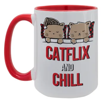 Catflix and Chill, Κούπα Mega 15oz, κεραμική Κόκκινη, 450ml