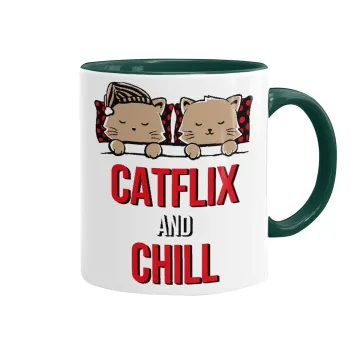 Catflix and Chill, Κούπα χρωματιστή πράσινη, κεραμική, 330ml