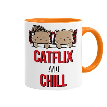 Catflix and Chill, Mug colored orange, ceramic, 330ml