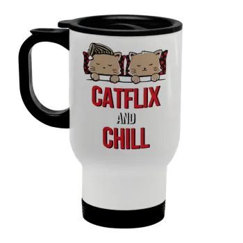 Catflix and Chill, Κούπα ταξιδιού ανοξείδωτη με καπάκι, διπλού τοιχώματος (θερμό) λευκή 450ml