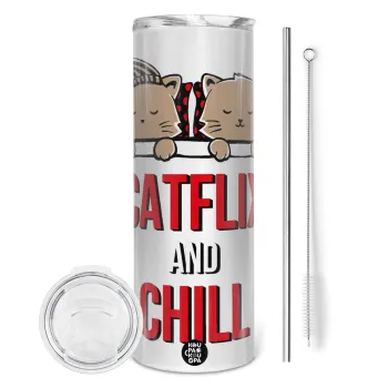 Catflix and Chill, Tumbler ποτήρι θερμό από ανοξείδωτο ατσάλι 600ml, με μεταλλικό καλαμάκι & βούρτσα καθαρισμού