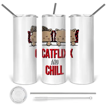 Catflix and Chill, Tumbler stainless steel 600ml, with metal straw & cleaning brush