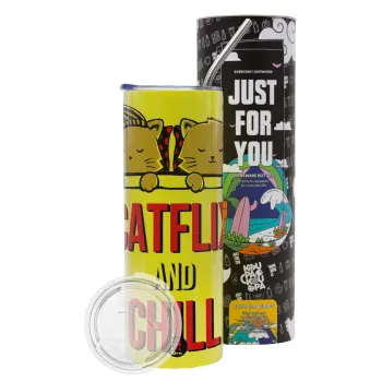 Catflix and Chill, Neon Yellow Travel Tumbler θερμό, μεταλλικό καλαμάκι(Ανωξείδωτο 304 Food grade, BPA free, 600ml)