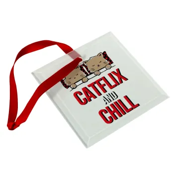 Catflix and Chill, Christmas ornament, glass square ornament 9x9cm