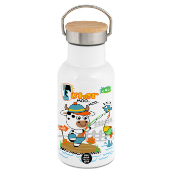 Ο μικρός ψαράς, Μεταλλικό παγούρι θερμός (Stainless steel) Λευκό με ξύλινο καπακι (bamboo), διπλού τοιχώματος, 350ml