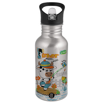 Kids Fisherman, Water bottle Silver with straw, stainless steel 500ml