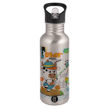 Kids Fisherman, Water bottle Silver with straw, stainless steel 600ml