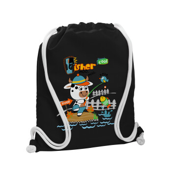 Ο μικρός ψαράς, Τσάντα πλάτης πουγκί GYMBAG Μαύρη, με τσέπη (40x48cm) & χονδρά λευκά κορδόνια