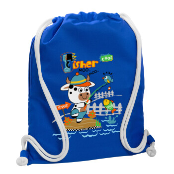 Kids Fisherman, Backpack pouch GYMBAG Blue, with pocket (40x48cm) & thick cords