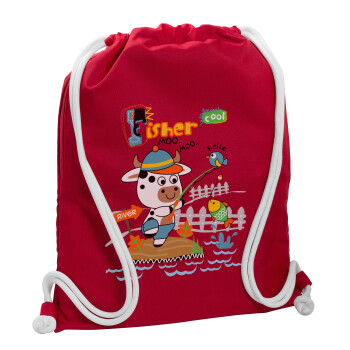 Kids Fisherman, Τσάντα πλάτης πουγκί GYMBAG Κόκκινη, με τσέπη (40x48cm) & χονδρά κορδόνια