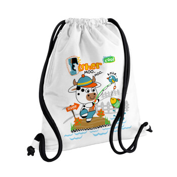 Kids Fisherman, Backpack pouch GYMBAG white, with pocket (40x48cm) & thick cords