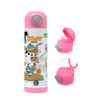 Ο μικρός ψαράς, Παιδικό παγούρι θερμό, ανοξείδωτο, με καλαμάκι ασφαλείας, ΡΟΖ (500ml)