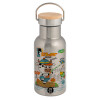 Stainless steel metallic thermos flask, silver with a bamboo lid, double-walled, 350ml.