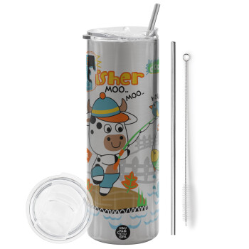 Kids Fisherman, Eco friendly stainless steel Silver tumbler 600ml, with metal straw & cleaning brush