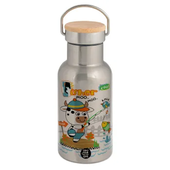Kids Fisherman, Stainless steel metallic thermos flask, silver with a bamboo lid, double-walled, 350ml.