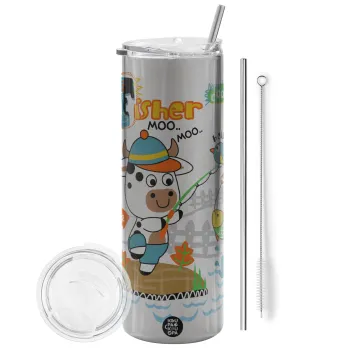 Kids Fisherman, Tumbler stainless steel Silver 600ml, with metal straw & cleaning brush
