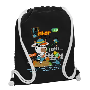 Ο μικρός ψαράς, Τσάντα πλάτης πουγκί GYMBAG Μαύρη, με τσέπη (40x48cm) & χονδρά λευκά κορδόνια