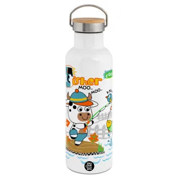 Kids Fisherman, Stainless steel White with wooden lid (bamboo), double wall, 750ml