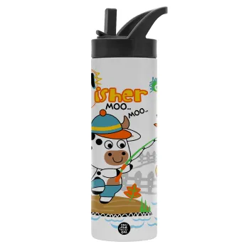 Ο μικρός ψαράς, Μεταλλικό παγούρι θερμός με καλαμάκι & χειρολαβή, ανοξείδωτο ατσάλι (Stainless steel 304), διπλού τοιχώματος, 600ml