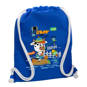 Kids Fisherman, Backpack pouch GYMBAG Blue, with pocket (40x48cm) & thick cords