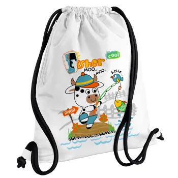 Kids Fisherman, Backpack pouch GYMBAG white, with pocket (40x48cm) & thick cords