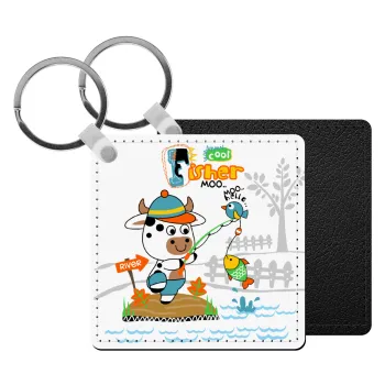 Kids Fisherman, Μπρελόκ Δερματίνη, τετράγωνο ΜΑΥΡΟ (5x5cm)