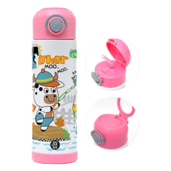 Kids Fisherman, Children's hot water bottle, stainless steel, with safety straw, PINK (500ml)