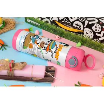 Kids Fisherman, Easter candle, Childrens hot water bottle, stainless steel, with safety straw, PINK (500ml)