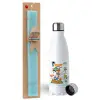 Easter Set, metallic stainless steel water bottle (750ml) & aromatic flat Easter candle (30cm) (TURQUOISE)