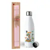 Easter Set, metallic stainless steel water bottle (750ml) & scented flat Easter candle (30cm) (PINK)