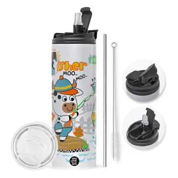 Ο μικρός ψαράς, Travel Tumbler θερμό με διπλό καπάκι, μεταλλικό καλαμάκι και βούρτσα καθαρισμού (Ανωξείδωτο 304 Food grade, BPA free, 600ml)