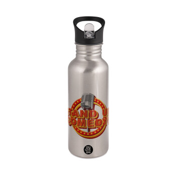 Stand up comedy, Water bottle Silver with straw, stainless steel 600ml