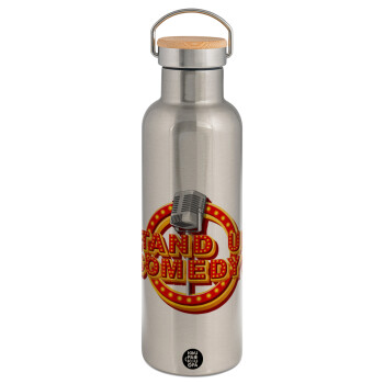 Stand up comedy, Stainless steel Silver with wooden lid (bamboo), double wall, 750ml