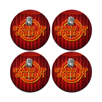 Stand up comedy, SET of 4 round wooden coasters (9cm)