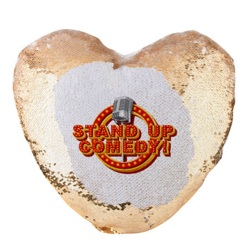 Stand up comedy, Μαξιλάρι καναπέ καρδιά Μαγικό Χρυσό με πούλιες 40x40cm περιέχεται το  γέμισμα
