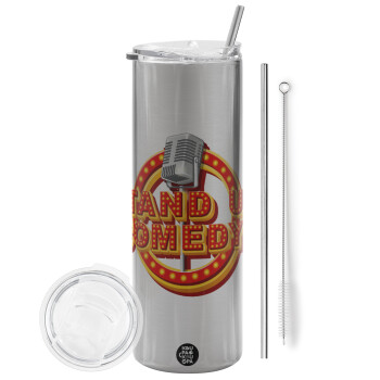 Stand up comedy, Eco friendly stainless steel Silver tumbler 600ml, with metal straw & cleaning brush