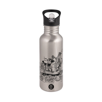 Mickey steamboat, Water bottle Silver with straw, stainless steel 600ml