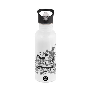 Mickey steamboat, White water bottle with straw, stainless steel 600ml