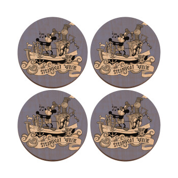 Mickey steamboat, ΣΕΤ x4 Σουβέρ ξύλινα στρογγυλά plywood (9cm)