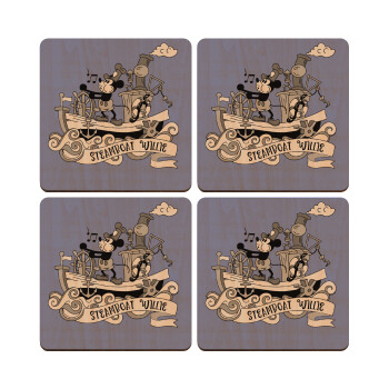 Mickey steamboat, ΣΕΤ x4 Σουβέρ ξύλινα τετράγωνα plywood (9cm)