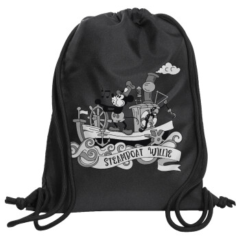 Mickey steamboat, Τσάντα πλάτης πουγκί GYMBAG Μαύρη, με τσέπη (40x48cm) & χονδρά κορδόνια