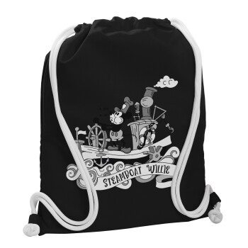 Mickey steamboat, Τσάντα πλάτης πουγκί GYMBAG Μαύρη, με τσέπη (40x48cm) & χονδρά λευκά κορδόνια