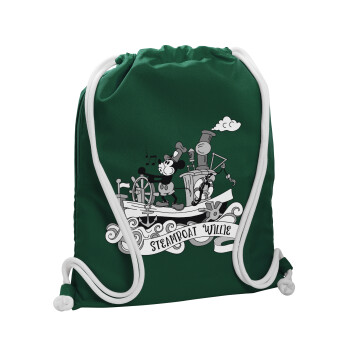 Mickey steamboat, Backpack pouch GYMBAG BOTTLE GREEN, with pocket (40x48cm) & thick white cords