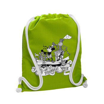 Mickey steamboat, Τσάντα πλάτης πουγκί GYMBAG LIME GREEN, με τσέπη (40x48cm) & χονδρά κορδόνια