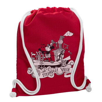 Mickey steamboat, Backpack pouch GYMBAG Red, with pocket (40x48cm) & thick cords