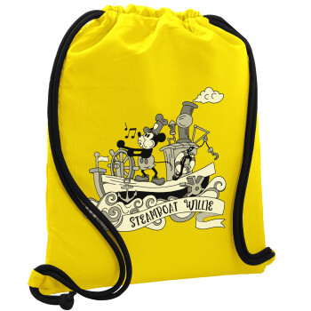 Mickey steamboat, Τσάντα πλάτης πουγκί GYMBAG Κίτρινη, με τσέπη (40x48cm) & χονδρά κορδόνια