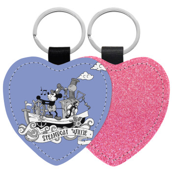 Mickey steamboat, Μπρελόκ PU δερμάτινο glitter καρδιά ΡΟΖ
